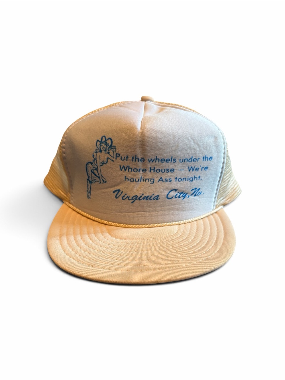 Vintage-Style Beige Trucker Snapback Hat with Blue Print - Virginia City, NV